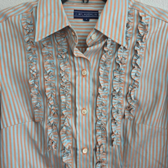 J McLaughlin Button Down Shirt Blue Orange Stripe Ruffle Front Cotton Sz 4 - Picture 5 of 12
